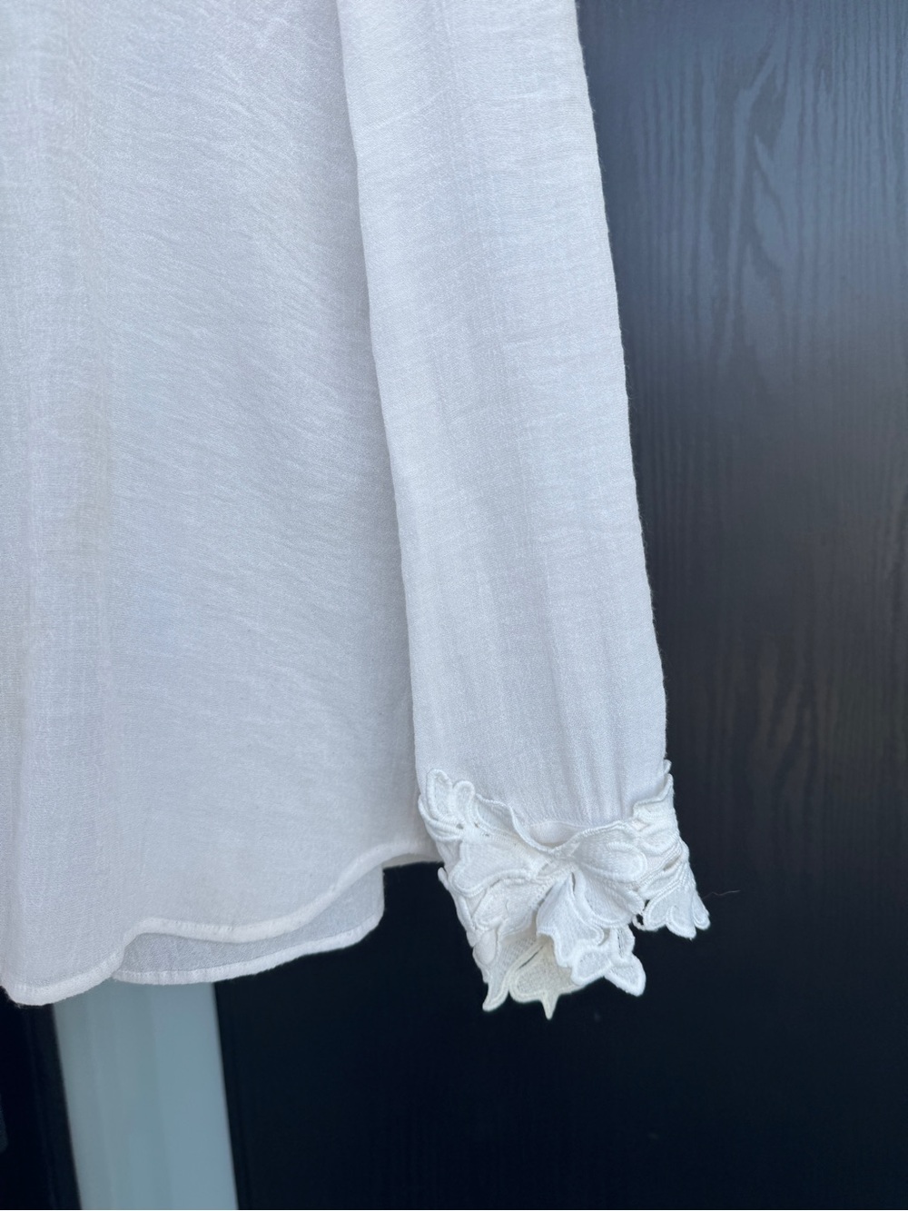Maje White Lace-Collar Button Down Blouse with Black Tie - Picture 5 of 7